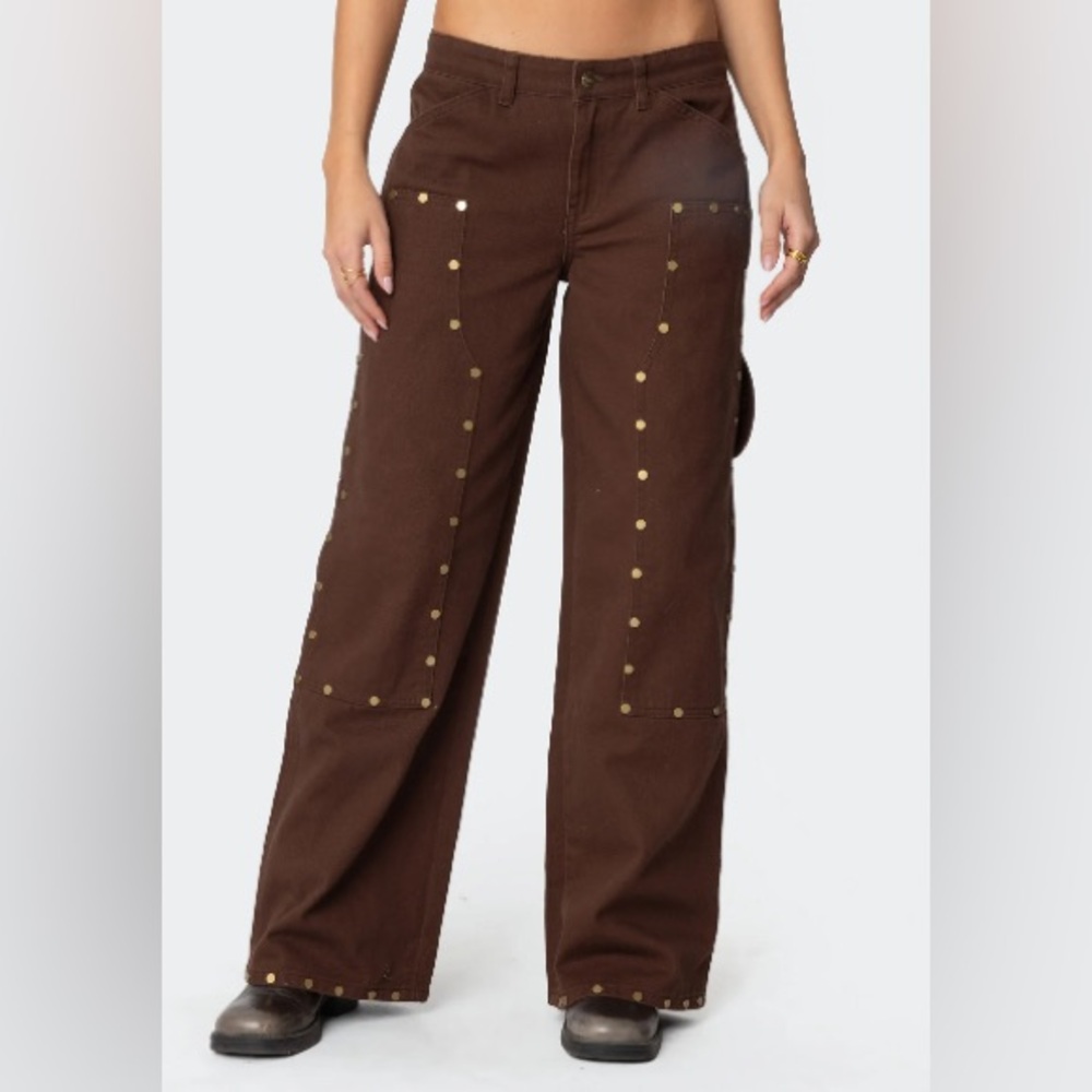 Edikted Brown Straight Leg Jeans with Stud Details